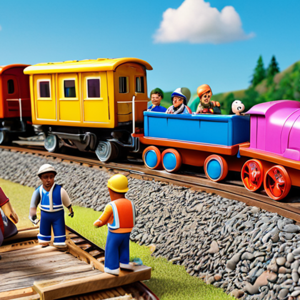 **

A group of diverse, colorful train characters (like Titipo) working together to overcome an obstacle, emphasizing friendship and cooperation. Focus on a bright, playful scene with dynamic action.

**
