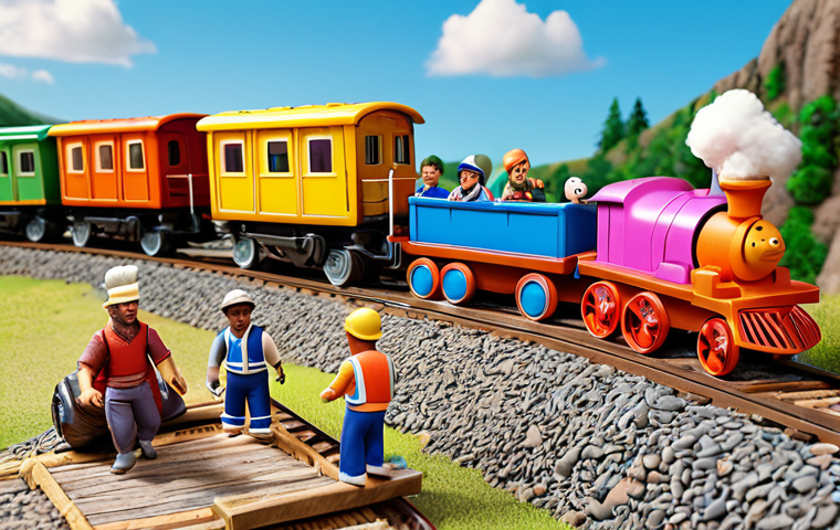 **

A group of diverse, colorful train characters (like Titipo) working together to overcome an obstacle, emphasizing friendship and cooperation. Focus on a bright, playful scene with dynamic action.

**