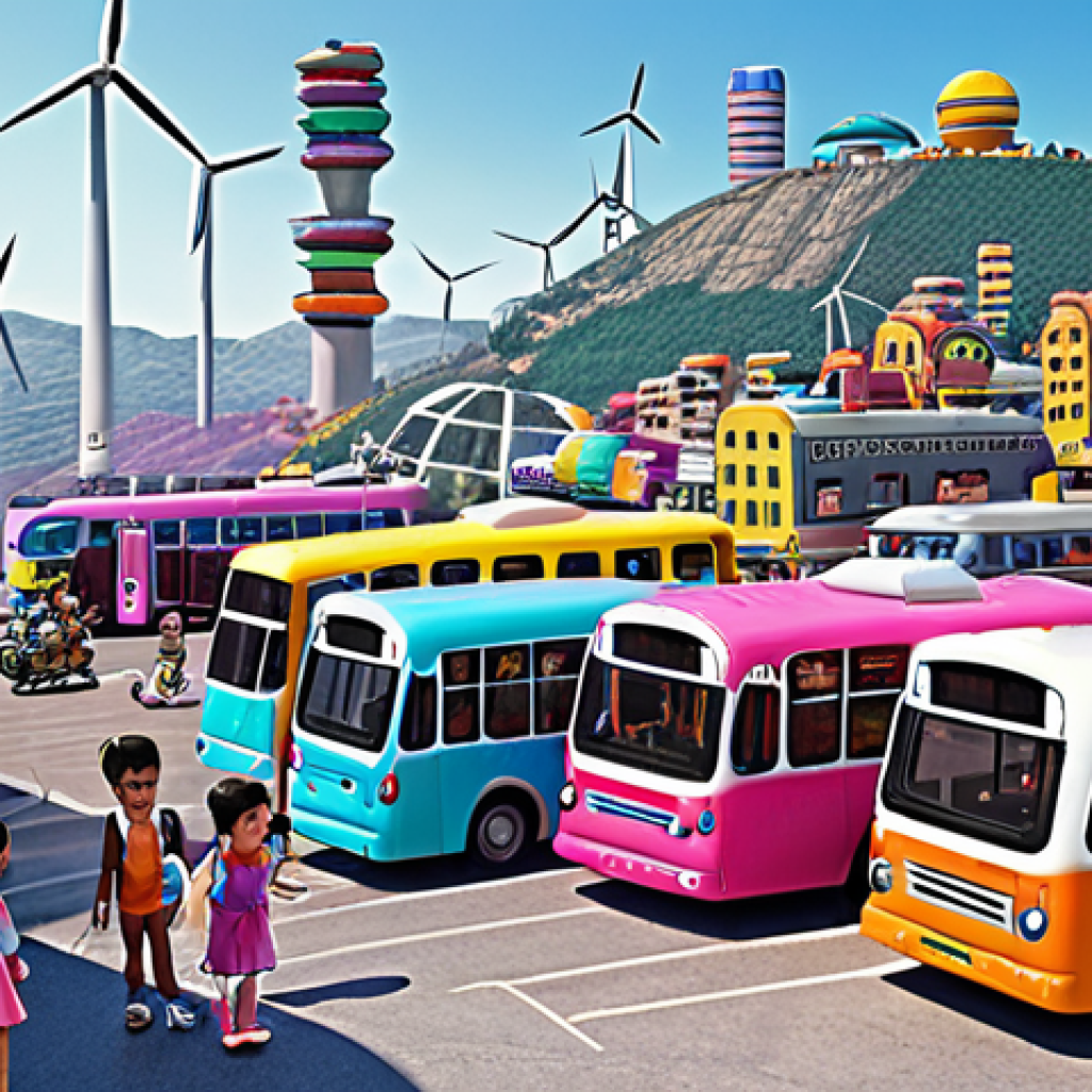 **

Colorful, futuristic city with Chichi-po characters (Chichi, Rogi, Gani, Rani) interacting. Diverse buses and vehicles, solar panels, wind turbines. Focus on safety, diversity, and environmental awareness. Dreamlike atmosphere, evoking childhood imagination.

**