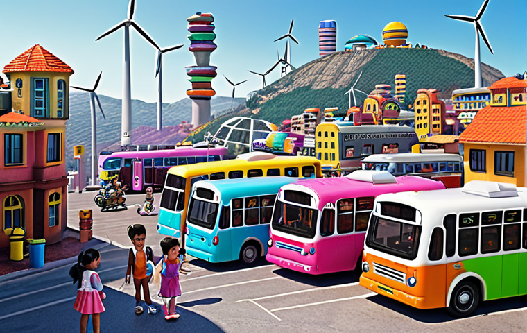 **

Colorful, futuristic city with Chichi-po characters (Chichi, Rogi, Gani, Rani) interacting. Diverse buses and vehicles, solar panels, wind turbines. Focus on safety, diversity, and environmental awareness. Dreamlike atmosphere, evoking childhood imagination.

**