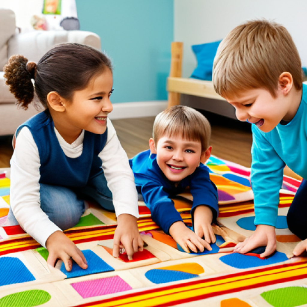 A group of three young, happy children, fully clothed in modest, age-appropriate play attire, are gathered on a colorful rug in a bright, clean playroom. They are engaged in cooperative play, building an elaborate train track with vibrant, toy trains resembling "Titipo" characters. One child points excitedly at the track, another carefully places a train, and the third smiles, watching their teamwork. The room is filled with soft, natural light, and the background is a blurred, cozy home environment. Perfect anatomy, correct proportions, natural poses, well-formed hands, proper finger count. Professional photography, high-quality, safe for work, appropriate content, family-friendly.