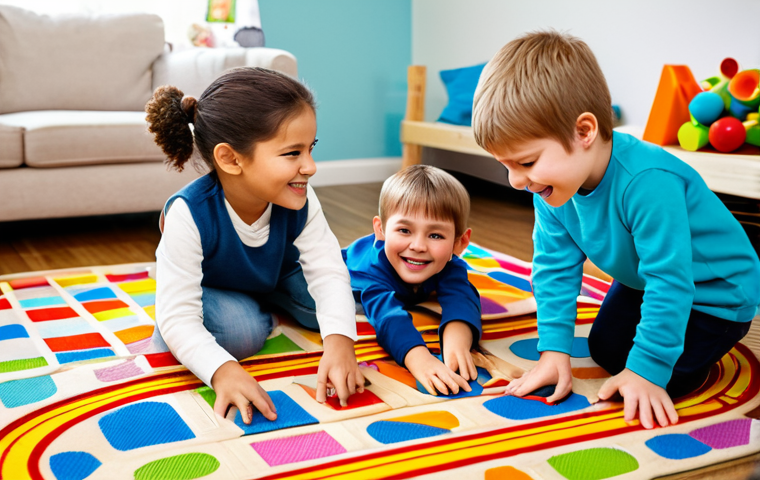 A group of three young, happy children, fully clothed in modest, age-appropriate play attire, are gathered on a colorful rug in a bright, clean playroom. They are engaged in cooperative play, building an elaborate train track with vibrant, toy trains resembling "Titipo" characters. One child points excitedly at the track, another carefully places a train, and the third smiles, watching their teamwork. The room is filled with soft, natural light, and the background is a blurred, cozy home environment. Perfect anatomy, correct proportions, natural poses, well-formed hands, proper finger count. Professional photography, high-quality, safe for work, appropriate content, family-friendly.