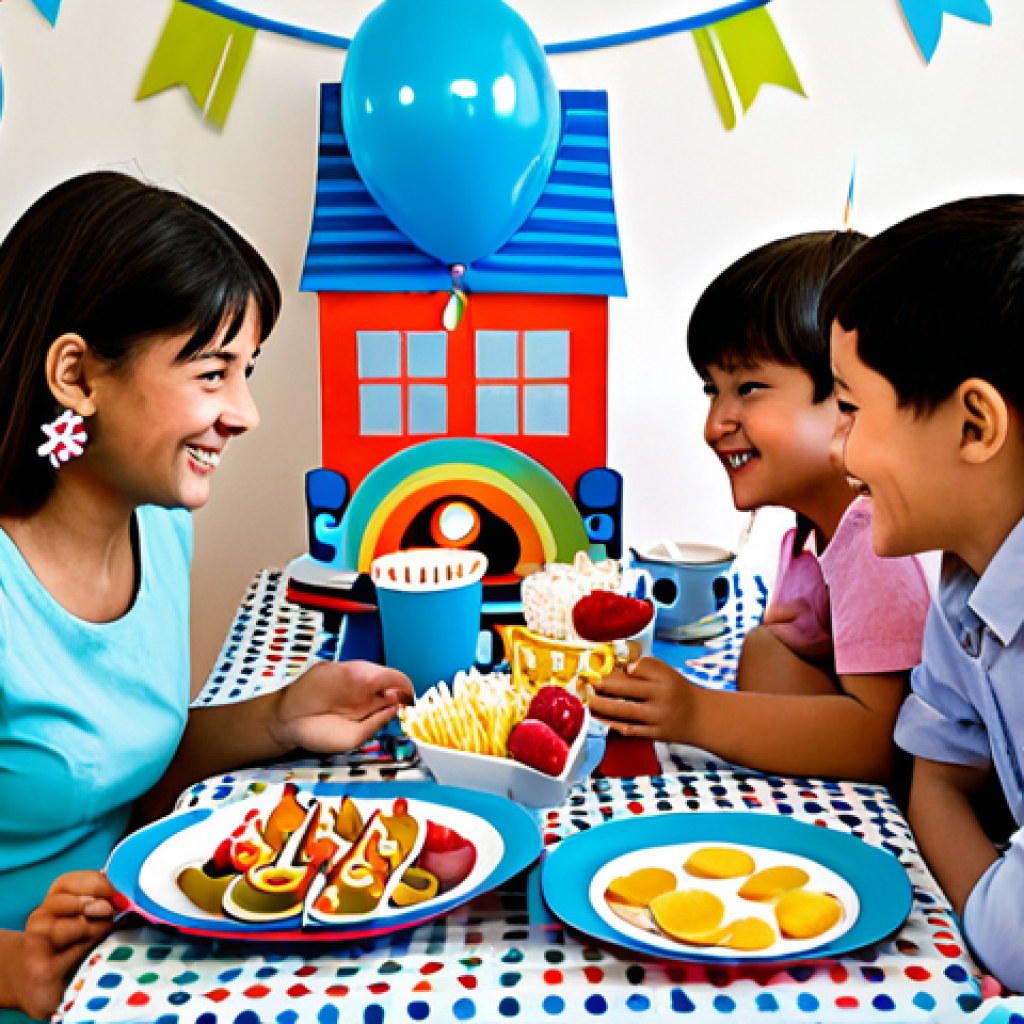 A joyful children's birthday party in a brightly decorated living room. The room is adorned with handmade Titipo the Little Train themed decorations, including colorful balloons with drawn train faces, light blue paper train track garlands, and vibrant paper cutouts of train characters. A table is set with Titipo-themed paper plates and cups, and colorful snacks. Several happy children, fully clothed in modest, appropriate party attire, are interacting with each other and looking at the decorations. Parents are subtly visible in the background, also fully clothed in professional dress. The atmosphere is warm and inviting, captured with professional photography and cinematic lighting. safe for work, appropriate content, family-friendly, perfect anatomy, correct proportions, natural pose, well-formed hands, proper finger count, natural body proportions, high quality.