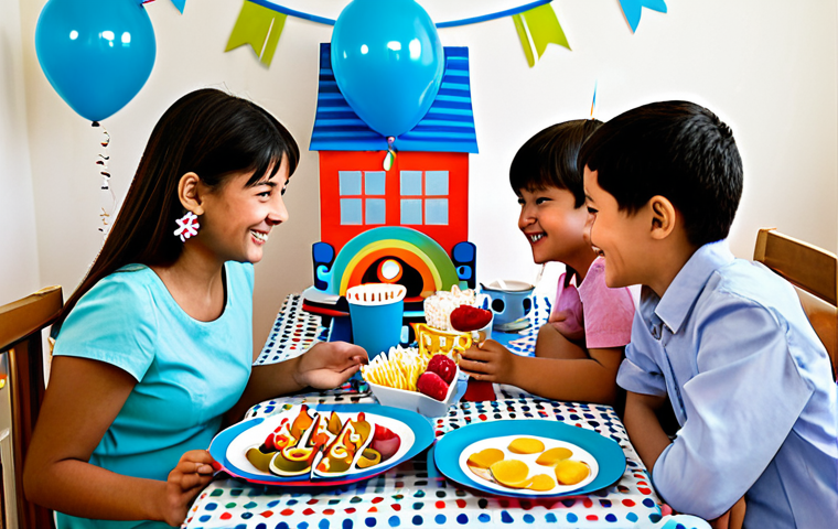 A joyful children's birthday party in a brightly decorated living room. The room is adorned with handmade Titipo the Little Train themed decorations, including colorful balloons with drawn train faces, light blue paper train track garlands, and vibrant paper cutouts of train characters. A table is set with Titipo-themed paper plates and cups, and colorful snacks. Several happy children, fully clothed in modest, appropriate party attire, are interacting with each other and looking at the decorations. Parents are subtly visible in the background, also fully clothed in professional dress. The atmosphere is warm and inviting, captured with professional photography and cinematic lighting. safe for work, appropriate content, family-friendly, perfect anatomy, correct proportions, natural pose, well-formed hands, proper finger count, natural body proportions, high quality.