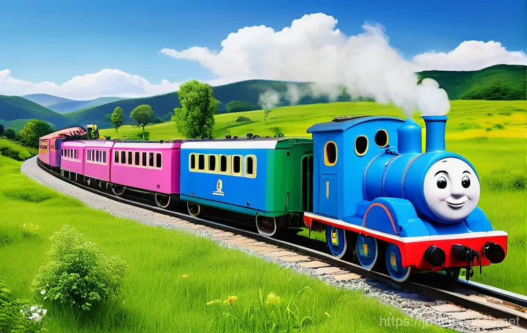 띠띠뽀 연관 애니메이션 비교 - A cheerful and heartwarming scene depicting Titipo, the friendly blue train, along with his train fr...