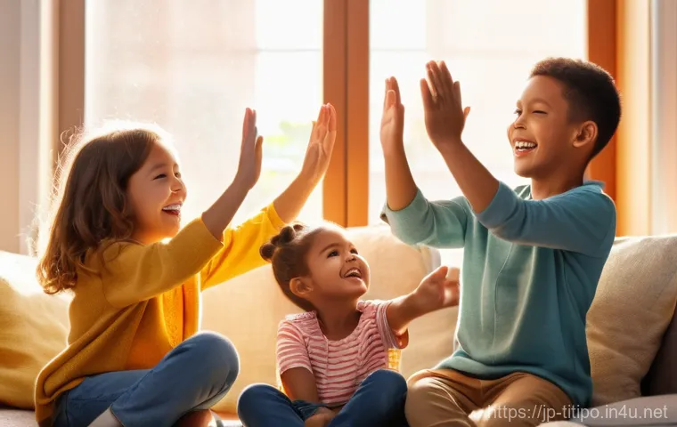 띠띠뽀 캐릭터별 테마송 분석 - A joyful family of four, consisting of two parents and two young children (a boy and a girl, approxi...