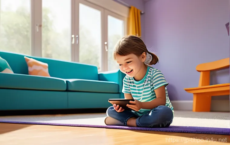 띠띠뽀 애니메이션의 콘텐츠 확장 - **Prompt:** A cheerful, brightly lit living room where a young child, around 5 years old, is kneelin...