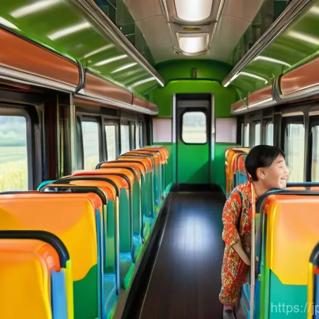 띠띠뽀와 함께하는 여행 가이드 - A heartwarming scene inside a colorful, Titipo-inspired train carriage. A young family, a father and...
