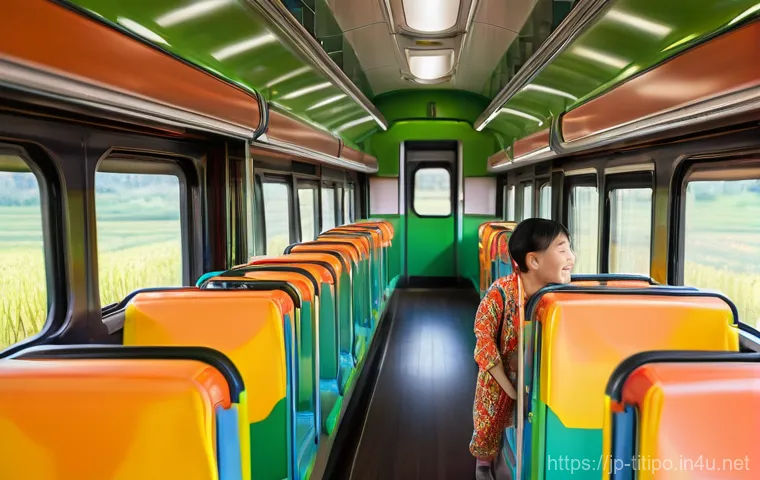 띠띠뽀와 함께하는 여행 가이드 - A heartwarming scene inside a colorful, Titipo-inspired train carriage. A young family, a father and...