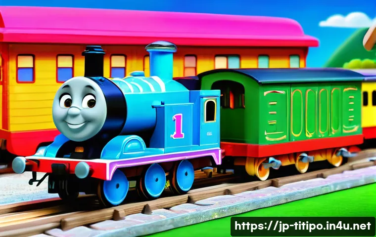 띠띠뽀 콘텐츠 마케팅 전략 - A vibrant and detailed animated scene featuring Titipo, the energetic blue train, alongside his frie...