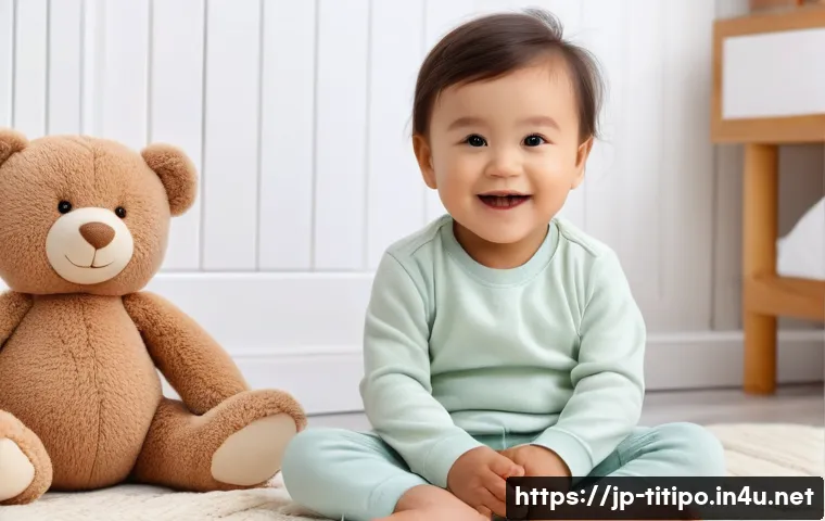 띠띠뽀 캐릭터 상품의 친환경 옵션 - A cozy scene featuring a child gently hugging a plush teddy bear made from soft organic cotton, wear...