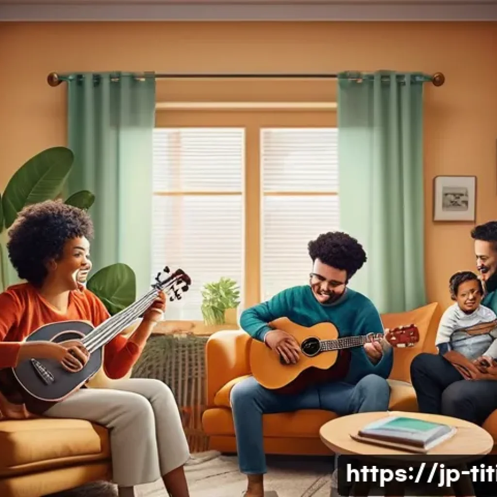 띠띠뽀 OST 연주 경연 대회 - A cozy indoor scene showing a diverse group of people participating in an online music contest from ...
