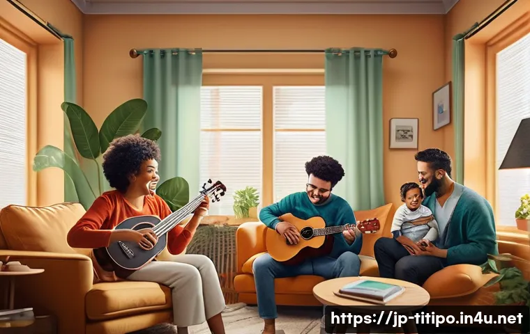 띠띠뽀 OST 연주 경연 대회 - A cozy indoor scene showing a diverse group of people participating in an online music contest from ...