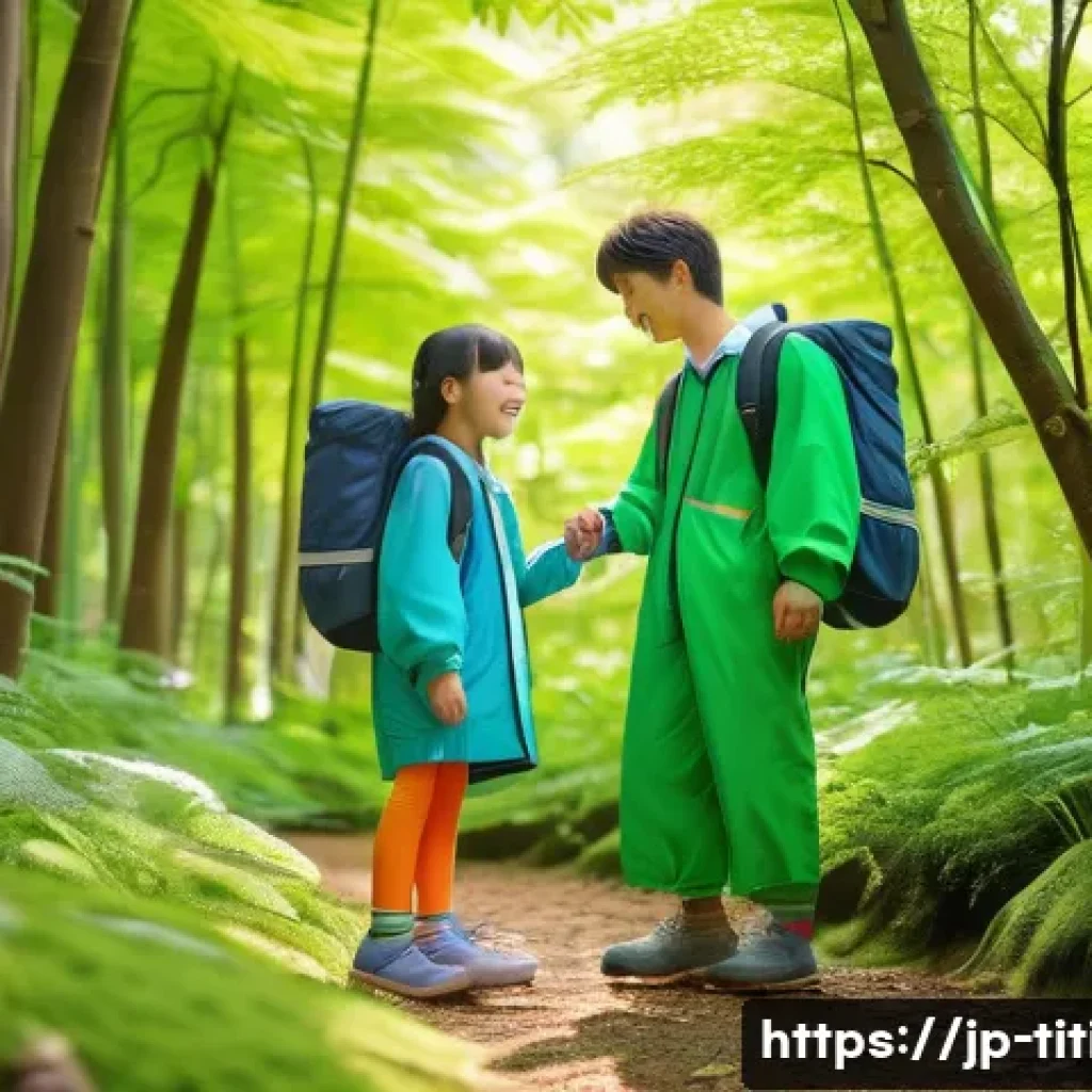 띠띠뽀와 함께하는 가족 여행 플랜 - A cheerful Japanese family exploring a lush forest during daytime, children wearing comfortable outd...