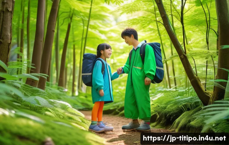 띠띠뽀와 함께하는 가족 여행 플랜 - A cheerful Japanese family exploring a lush forest during daytime, children wearing comfortable outd...