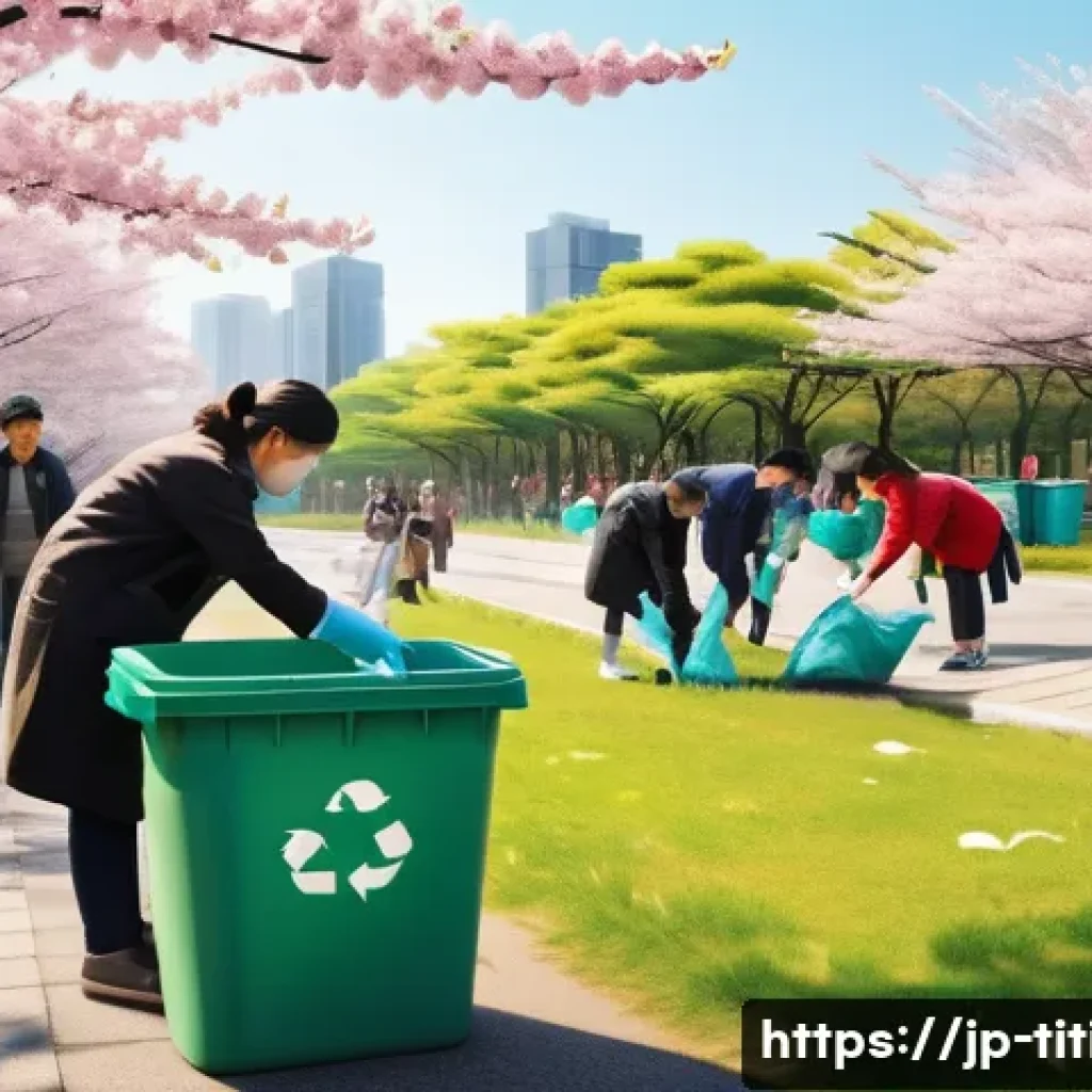 띠띠뽀의 지역 사회 기여 - A vibrant community park cleanup scene in modern Japan, featuring diverse local residents including ...