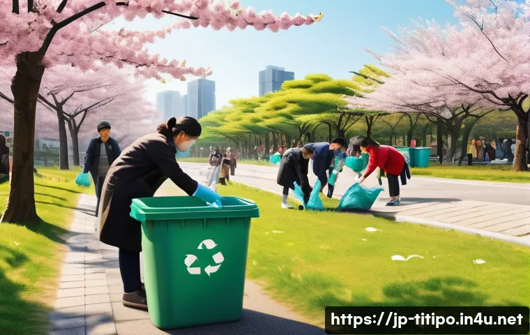 띠띠뽀의 지역 사회 기여 - A vibrant community park cleanup scene in modern Japan, featuring diverse local residents including ...