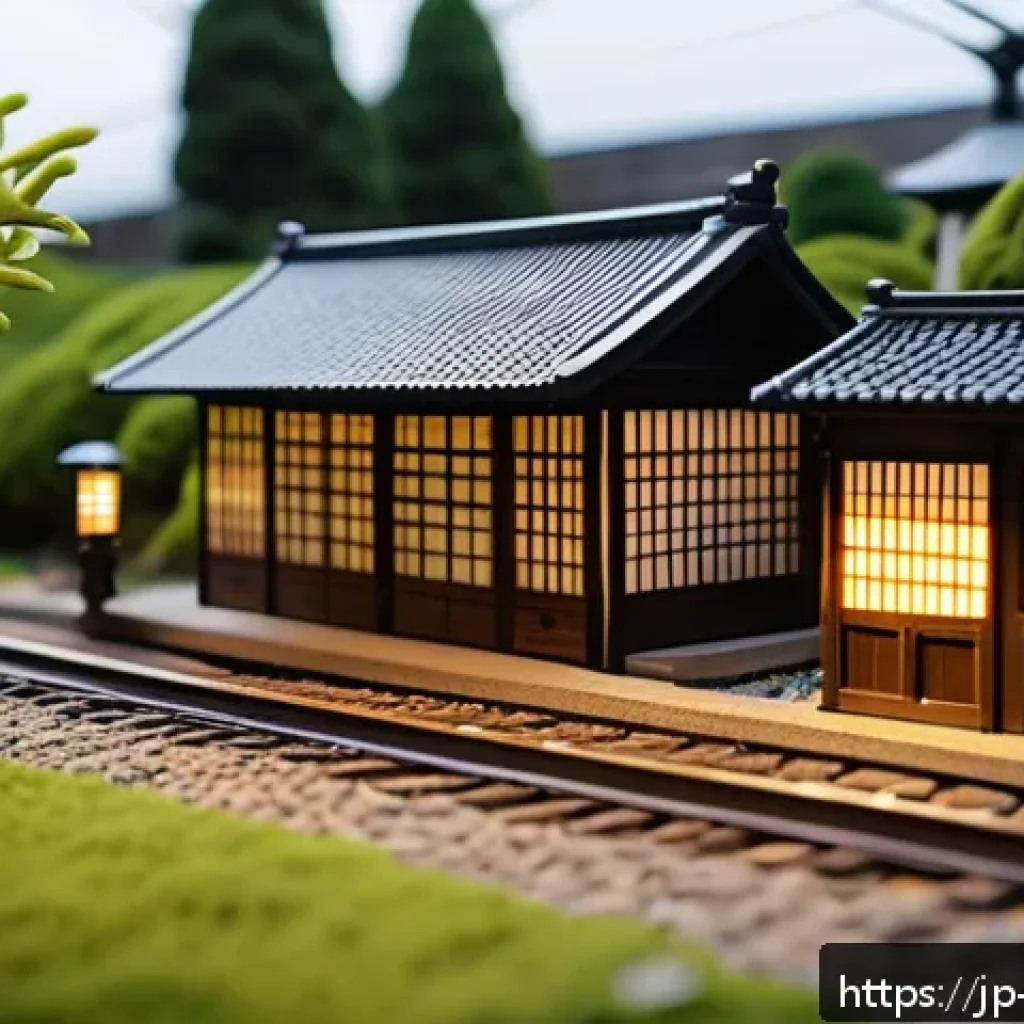 띠띠뽀 미니어처 기차 세트 - A highly detailed miniature railway layout inside a cozy Japanese-style room corner, featuring reali...