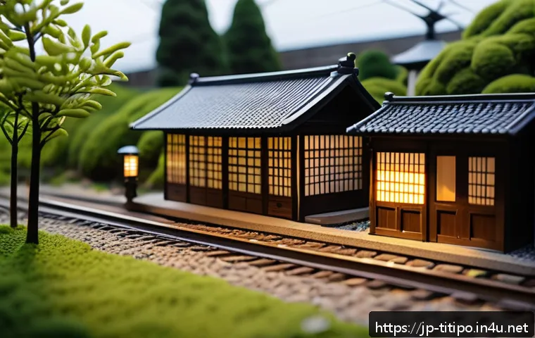 띠띠뽀 미니어처 기차 세트 - A highly detailed miniature railway layout inside a cozy Japanese-style room corner, featuring reali...
