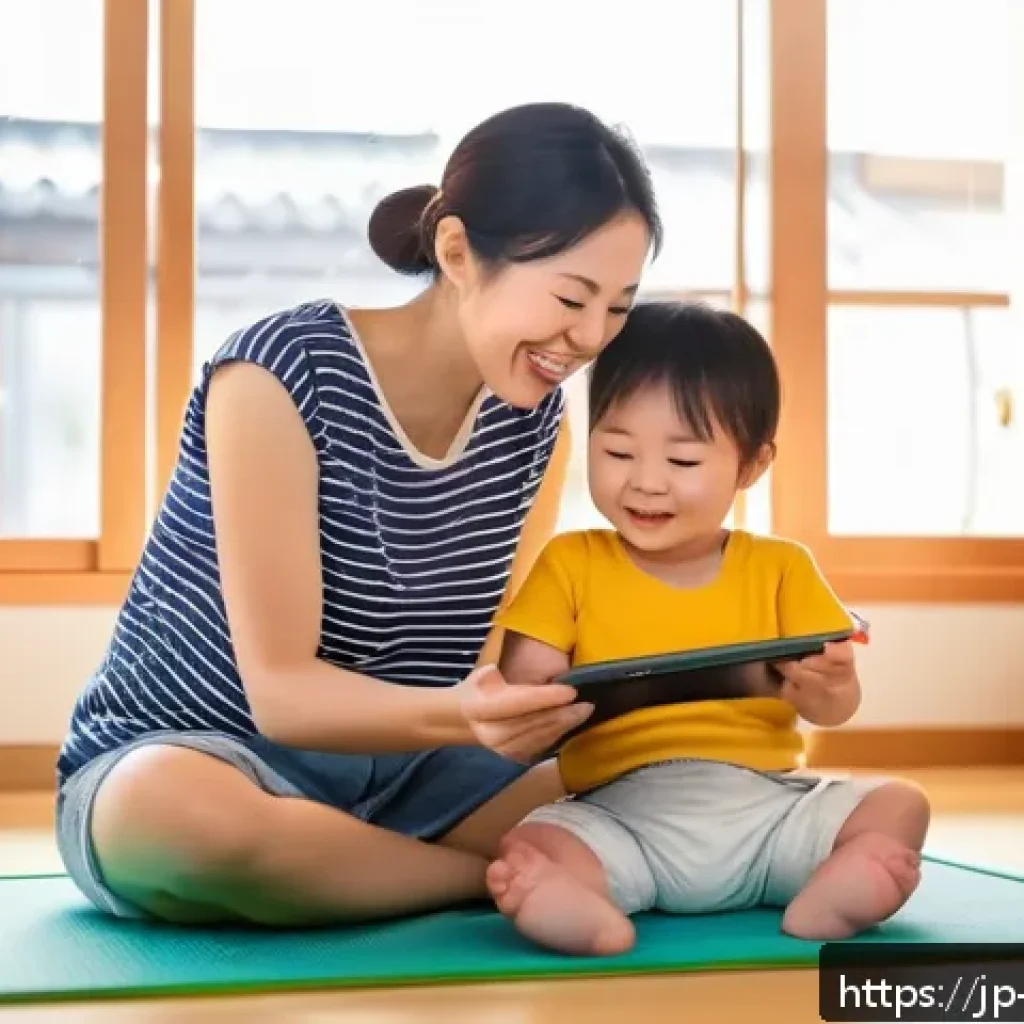 띠띠뽀 관련 마케팅 캠페인 성공 사례 - A cheerful Japanese mother and her young child wearing colorful casual clothes and a diaper, sitting...