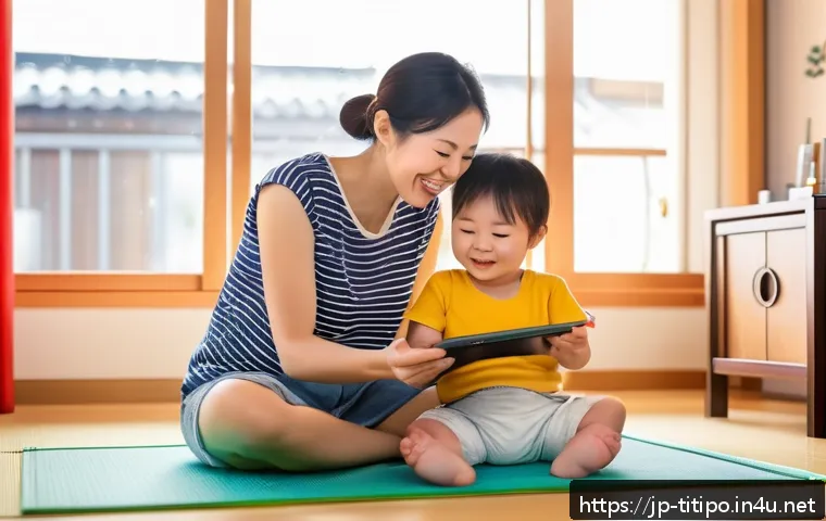 띠띠뽀 관련 마케팅 캠페인 성공 사례 - A cheerful Japanese mother and her young child wearing colorful casual clothes and a diaper, sitting...