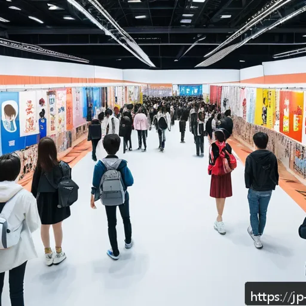띠띠뽀 팬덤의 역사적 기록 - A vibrant fan convention scene in Japan, showcasing a large indoor event hall filled with diverse fa...