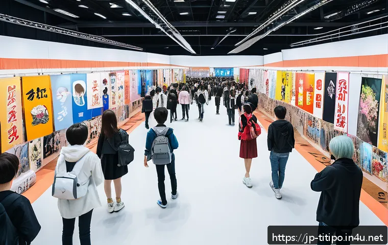 띠띠뽀 팬덤의 역사적 기록 - A vibrant fan convention scene in Japan, showcasing a large indoor event hall filled with diverse fa...