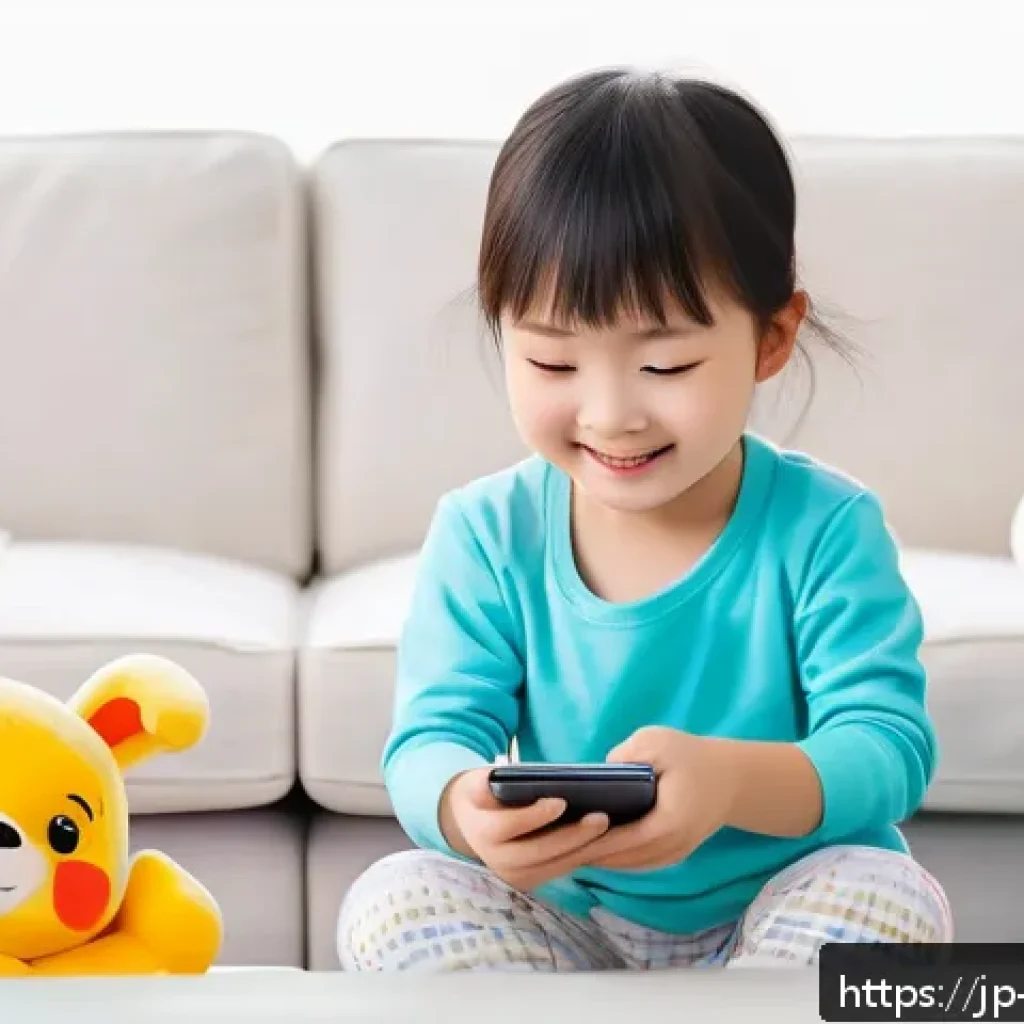 띠띠뽀와 관련된 산업 연구 - A vibrant digital scene showing a cheerful Japanese child wearing colorful casual clothes and a diap...