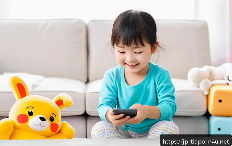 띠띠뽀와 관련된 산업 연구 - A vibrant digital scene showing a cheerful Japanese child wearing colorful casual clothes and a diap...