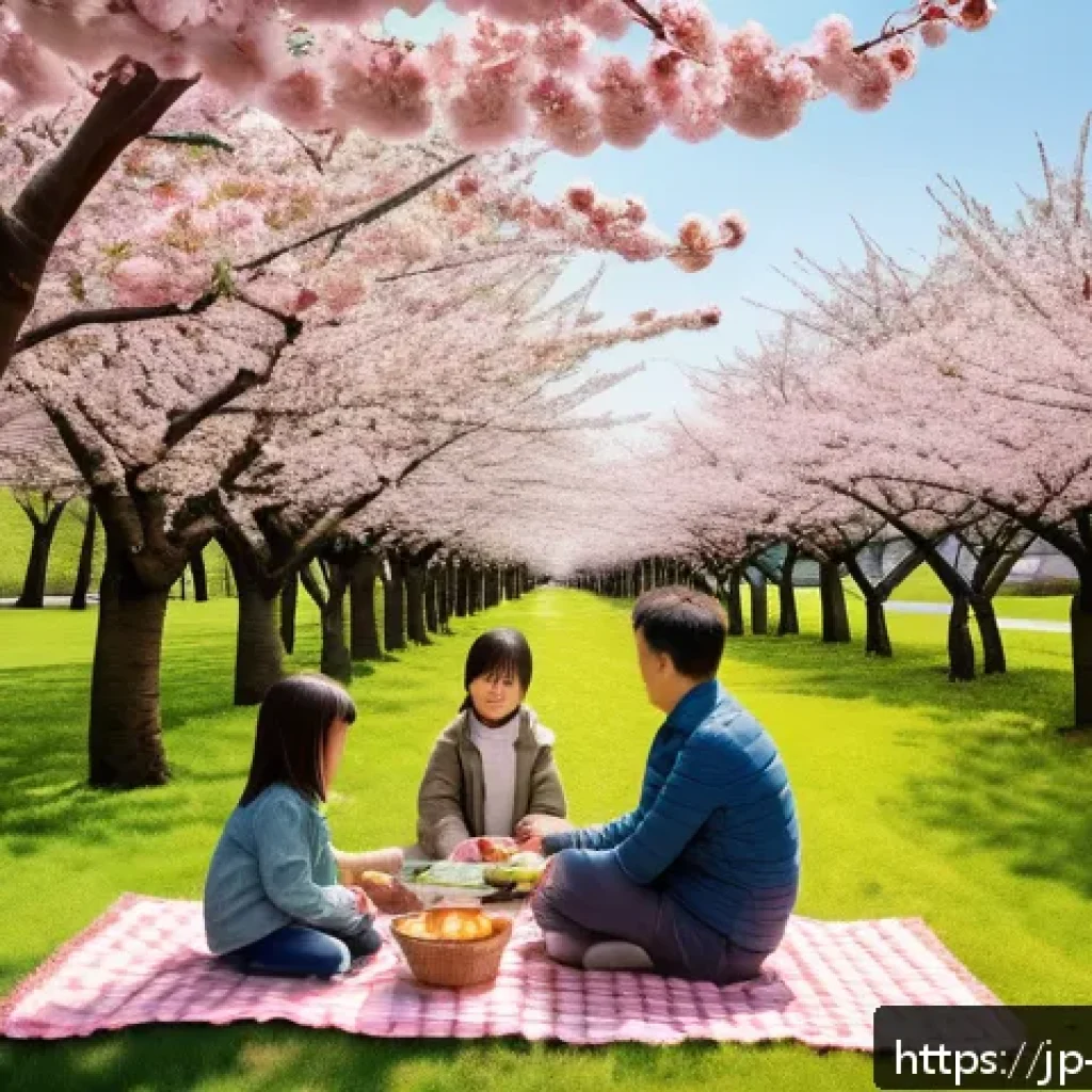 띠띠뽀와 가족 여행 아이디어 - A lively spring family picnic scene in a spacious Japanese park with blooming sakura cherry blossom ...