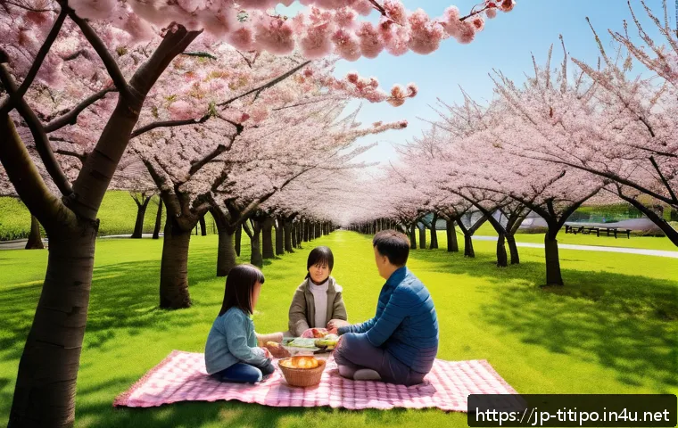 띠띠뽀와 가족 여행 아이디어 - A lively spring family picnic scene in a spacious Japanese park with blooming sakura cherry blossom ...