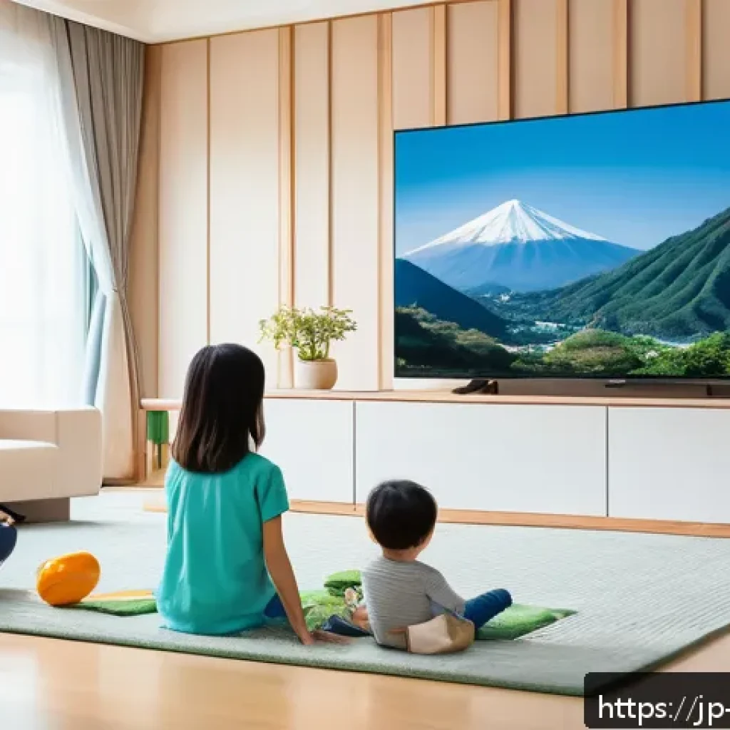 띠띠뽀 OTT 서비스 비교 - A modern Japanese family living room scene featuring a mother, father, and two children watching a l...