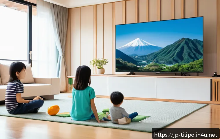띠띠뽀 OTT 서비스 비교 - A modern Japanese family living room scene featuring a mother, father, and two children watching a l...