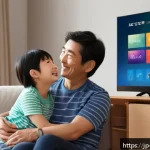 띠띠뽀 인기 비결 - A heartwarming scene of a parent and child watching a colorful, cheerful Japanese anime on a modern ...