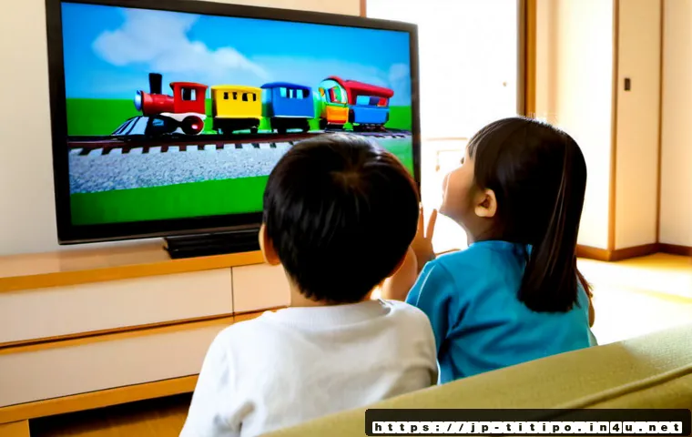 띠띠뽀 팬들에게 인기 있는 대사 - Photorealistic family living room, two Japanese children and a parent smiling warmly while watching ...