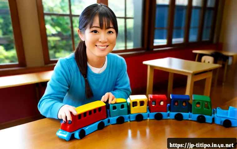 띠띠뽀와 교육 콘텐츠의 혁신 - Photorealistic modern Japanese preschool classroom, a friendly colorful toy train with a simple orig...