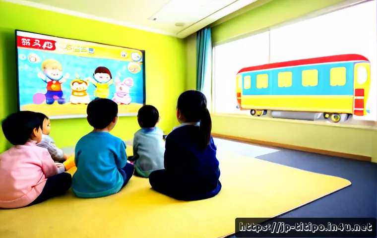 띠띠뽀와 어린이 콘텐츠의 글로벌 영향 - Photorealistic bright preschool classroom in Japan, diverse young children seated on a soft rug and ...