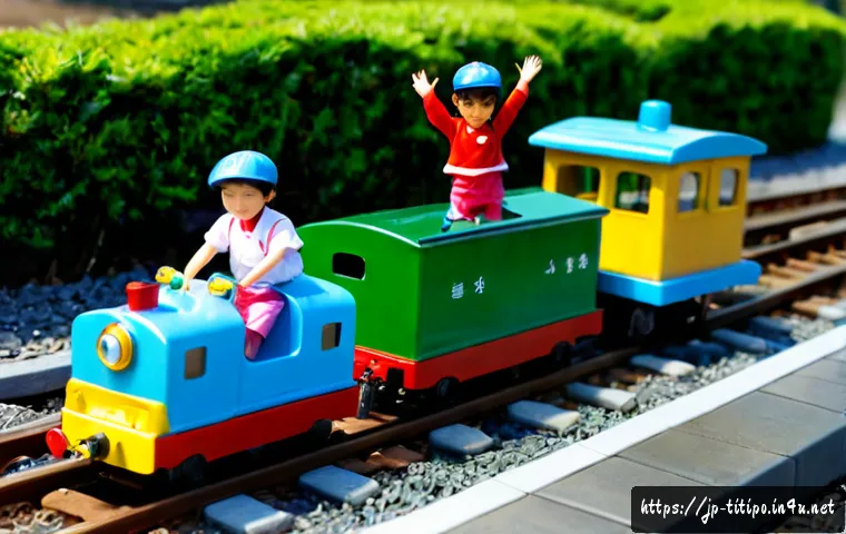 띠띠뽀 에피소드별 교훈 - Photorealistic miniature railway scene with three friendly colorful toy trains patiently taking turn...