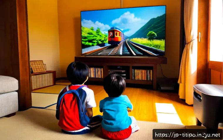 띠띠뽀 콘텐츠의 글로벌 진출 가능성 - Photorealistic family living room in Japan, a parent and two children watching a colorful friendly a...