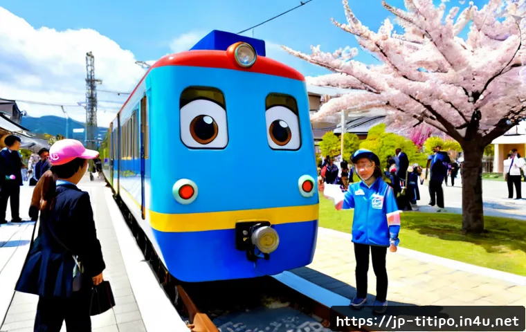 띠띠뽀와 함께하는 지역사회 이벤트 - Photorealistic community railway safety event in a sunny Japanese neighborhood plaza, a friendly unb...