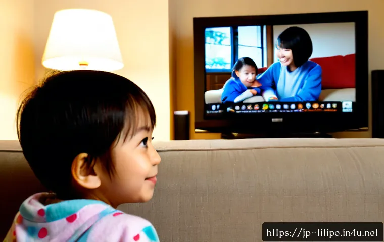 띠띠뽀와 함께한 시청자의 경험 - Photorealistic cozy Japanese family living room, a delighted young child in comfortable pajamas sitt...