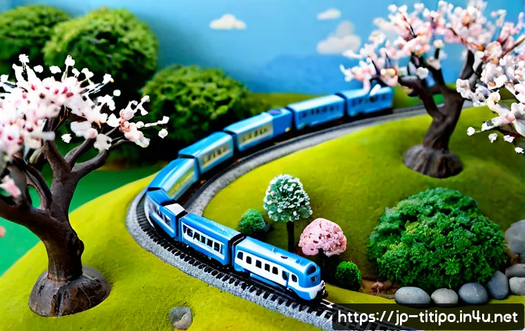 띠띠뽀 시즌별 에피소드 - Photorealistic miniature railway diorama showing a cheerful blue toy train traveling through four cl...