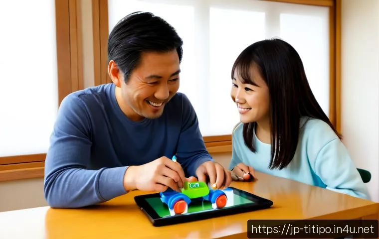 띠띠뽀 관련 설문조사 - Photorealistic Japanese family living room, a cheerful preschool child and parent comparing two colo...