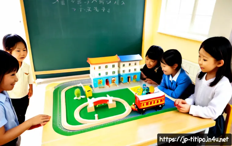 띠띠뽀와 글로벌 교육 프로젝트 - Photorealistic educational scene in a bright Japanese elementary classroom, a friendly colorful toy ...