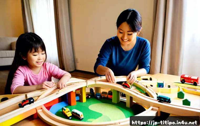 띠띠뽀와 새로운 형태의 놀이 문화 - Photorealistic Japanese family living room, two young children and a grandparent collaboratively bui...