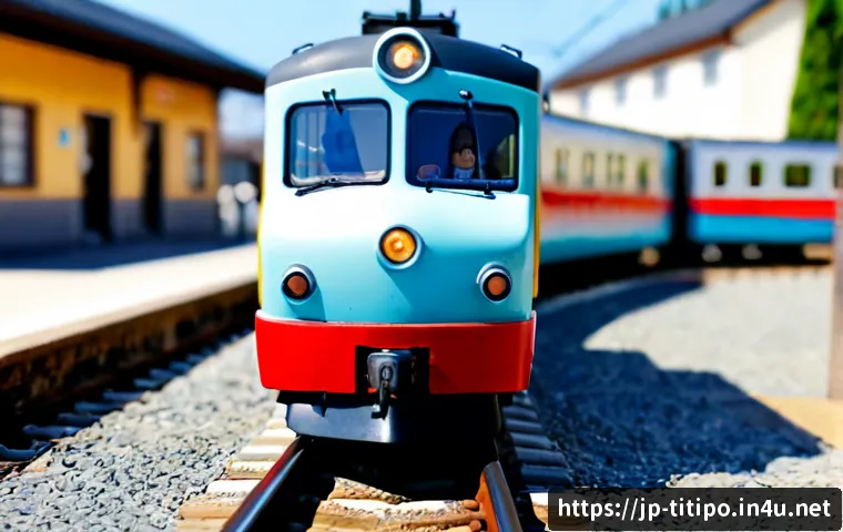 띠띠뽀 캐릭터별 명대사 - Photorealistic cheerful miniature passenger train character with expressive friendly eyes, paused at...